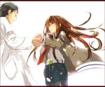  1girl belt black_hair brown_hair collared_shirt cowboy_shot denim denim_shorts facial_hair jacket labcoat letterboxed long_hair looking_at_another makise_kurisu off_shoulder okabe_rintarou open_mouth outstretched_hand pantyhose pantyhose_under_shorts petals red_eyes shirt short_hair shorts simple_background steins;gate stubble sunege white_background wind 