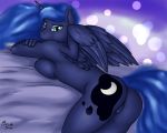  2017 abstract_background anthro bed bedroom_eyes blue_feathers blue_hair breast_squish breasts brushstroke butt cutie_mark equine eyebrows eyelashes eyeshadow feathered_wings feathers female friendship_is_magic hair half-closed_eyes horn looking_at_viewer looking_back lying makeup mammal mascara my_little_pony nude on_bed on_front portrait pose presenting princess_luna_(mlp) pussy seductive side_boob signature smile solo teal_eyes winged_unicorn wings 