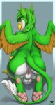  2018 5_fingers all_fours anthro anus avian backsack balls beak big_anus big_butt butt digitigrade feathered_wings feathers fur green_eyes green_fur green_hair grey_background gryphon hair kneeling looking_at_viewer looking_back male nude pawpads paws presenting presenting_anus presenting_hindquarters simple_background smile solo truegrave9 white_fur wings 