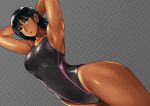  armpits arms_behind_head bangs black_hair black_swimsuit breasts competition_swimsuit dark_skin dutch_angle grey_background halftone halftone_background looking_at_viewer one-piece_swimsuit one-piece_tan open_mouth original purple_eyes short_hair solo swimsuit takebouzu tan tanline thighs toned wet 