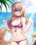  1girl beach bikini blue_eyes blue_sky breasts choker closed_mouth cloud command_spell day embarrassed eyebrows_visible_through_hair fate/grand_order fate_(series) fujimaru_ritsuka_(male) headpiece highres jeanne_d'arc_(fate) jeanne_d'arc_(fate)_(all) large_breasts looking_at_viewer luobo_(nsnr8754) navel ocean out_of_frame pov pov_hands purple_bikini purple_choker sky solo_focus standing swimsuit towel wavy_mouth wet 