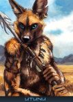  2014 5_fingers anthro blue_eyes canine claws kenket male mammal outside sky solo traditional_media_(artwork) weapon 