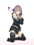  belt black_dress black_legwear blush bow brown_eyes clothes_down dress eyebrows_visible_through_hair full_body gloves grey_gloves hair_between_eyes hair_bow heart highres hiiragi_shinoa kneeling long_hair looking_at_viewer military military_uniform owari_no_seraph parted_lips purple_bow purple_hair saruno_(eyesonly712) short_dress solo thighhighs uniform zettai_ryouiki 