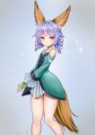  animal_ears braid dog_ears dog_tail dress elin_(tera) fingerless_gloves gloves green_dress green_gloves grey_background hair_intakes hands_together highres kumehara_chiyota long_hair looking_at_viewer purple_eyes purple_hair short_dress simple_background solo tail tera_online thighs twin_braids twintails 