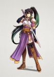  1girl aira_(fire_emblem) dress fire_emblem fire_emblem:_rekka_no_ken fire_emblem:_seisen_no_keifu fire_emblem_heroes green_background green_eyes holding holding_sword holding_weapon long_hair looking_at_viewer lyndis_(fire_emblem) multicolored_hair ponytail simple_background smile solo sword two-tone_hair warrior weapon 