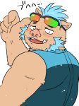  anthro blue_hair blush boar eyewear facial_hair gouryou hair invalid_tag looking_back male mammal mohawk muscular muscular_male nunutaro3 porcine sideburns slightly_chubby sunglasses sweat tokyo_afterschool_summoners wetsuit 