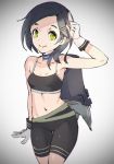  armpit_peek asymmetrical_hair bike_shorts black_hair black_shorts blurry breasts choker closed_mouth collarbone commentary_request double_horizontal_stripe gloves gradient gradient_background green_eyes hair_ornament hairclip harusame_tsubaki highres kantai_collection kuroshio_(kantai_collection) looking_at_viewer navel short_hair shorts small_breasts smile solo sports_bra vignetting white_gloves 