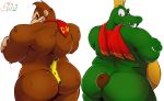  2018 anthro ape banana big_butt brown_fur butt cape claws clothing coconut crossed_arms crown donkey_kong_(character) donkey_kong_(series) dragonxpyro duo food fruit fur king_k_rool looking_back male mammal musclegut muscular necktie nintendo primate rear_view reptile scales scalie sharp_teeth simple_background smile teeth video_games 