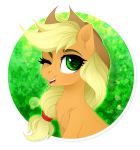  2018 alpha_channel applejack_(mlp) blonde_hair bust_portrait chest_tuft cowboy_hat cute earth_pony equine eyebrows eyelashes female feral freckles friendship_is_magic fur green_background green_eyes hair hair_tie hat hi_res horse looking_at_viewer mammal my_little_pony nude one_eye_closed open_mouth open_smile pony portrait signature simple_background smile solo teeth tongue tuft vird-gi wink 