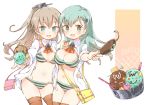  aqua_eyes aqua_hair bag bikini blush breasts brown_hair brown_legwear commentary_request eyebrows_visible_through_hair food green_eyes hair_ornament hairclip highres ice_cream kantai_collection kumano_(kantai_collection) long_hair medium_breasts multiple_girls nail_polish open_clothes open_mouth shirt shoulder_bag small_breasts sodapop_(iemaki) striped striped_bikini suzuya_(kantai_collection) swimsuit thighhighs white_shirt 