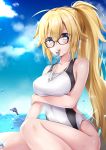  arm_at_side arm_under_breasts bare_arms bare_legs bare_shoulders bespectacled blonde_hair blue_eyes breast_hold breasts cleavage commentary_request competition_swimsuit covered_navel cowboy_shot day dolphin eyebrows_visible_through_hair eyes_visible_through_hair fate/grand_order fate_(series) glasses hane_yuki highleg highleg_swimsuit highres impossible_clothes jeanne_d'arc_(fate)_(all) jeanne_d'arc_(swimsuit_archer) large_breasts long_hair looking_at_viewer one-piece_swimsuit outdoors ponytail sitting solo swimsuit very_long_hair water 