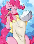  2018 5_fingers abstract_background absurd_res anthro apron big_breasts blue_background blue_eyes bowl breasts clothed clothing cute cutie_mark earth_pony eating equine eyebrows eyelashes female friendship_is_magic frosting fully_clothed hair hi_res holding_object horse licking licking_lips long_hair looking_at_viewer mammal my_little_pony neekophobia one_eye_closed pink_hair pinkie_pie_(mlp) pony portrait pose shirt shorts simple_background slightly_chubby solo spoon standing thick_thighs three-quarter_portrait tongue tongue_out wide_hips wink 