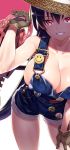  badge black_hair breasts bright_pupils brown_gloves button_badge cleavage collarbone commentary_request cosplay denim fate/grand_order fate_(series) gloves hat large_breasts leaning_forward long_hair looking_at_viewer matsuryuu naked_overalls overall_shorts overalls parted_lips paul_bunyan_(fate/grand_order) paul_bunyan_(fate/grand_order)_(cosplay) red_eyes smile solo sun_hat xuanzang_(fate/grand_order) 