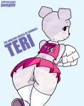  bear blush butt cartoon_network cheerleader clothed clothing eyelashes female looking_at_viewer mammal paper pom_poms pongldr pussy simple_background skirt smile teri_(tawog) the_amazing_world_of_gumball young 