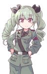  anchovy anzio_military_uniform bangs belt black_belt black_neckwear black_ribbon black_shirt chikuwa_(majihima) closed_mouth commentary cowboy_shot dress_shirt drill_hair eyebrows_visible_through_hair girls_und_panzer green_hair grey_jacket grey_pants hair_ribbon hands_on_hips jacket long_hair long_sleeves looking_at_viewer military military_uniform necktie pants red_eyes ribbon sam_browne_belt shirt simple_background smile standing twin_drills twintails uniform white_background 