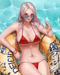  aviator_sunglasses bikini bracelet breasts cleavage demon_slayer_(dungeon_and_fighter) dungeon_and_fighter earrings female_slayer_(dungeon_and_fighter) innertube jewelry large_breasts legs_together light_brown_hair long_hair looking_at_viewer looking_over_eyewear lying monaim navel on_back open_mouth outdoors red_bikini red_eyes side-tie_bikini side-tie_bottom solo sunglasses swimsuit water wet 