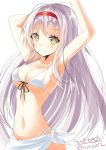  arms_up bikini blush breasts closed_mouth commentary_request eyebrows_visible_through_hair headband highres hizaka kantai_collection long_hair looking_at_viewer medium_breasts shoukaku_(kantai_collection) silver_hair simple_background smile solo swimsuit twitter_username white_background white_bikini yellow_eyes 