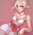  1girl blonde_hair blue_eyes breasts catherine catherine_(game) choker cleavage demon_girl drill_hair female lipstick makeup medium_breasts ribbon solo twin_drills twintails 