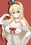  blonde_hair blue_eyes blush braid breasts closed_mouth commentary_request corset crown dress eyebrows_visible_through_hair french_braid hair_between_eyes hair_ornament highres jewelry kantai_collection kirikan large_breasts long_hair looking_at_viewer mini_crown necklace red_background simple_background solo tilted_headwear warspite_(kantai_collection) 