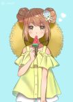  alternate_costume alternate_hairstyle blue_background blush brown_eyes brown_hair casual chou2 commentary_request double_bun eating eyebrows_visible_through_hair food hair_ornament hat heart kantai_collection long_hair looking_at_viewer michishio_(kantai_collection) popsicle seashell shell shirt short_shorts shorts simple_background solo straw_hat twitter_username watermelon_bar white_shorts yellow_shirt 