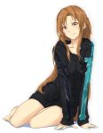  arm_support asuna_(sao) barefoot black_sweater brown_eyes brown_hair collarbone copyright_name full_body long_hair looking_at_viewer naked_sweater print_sweater saruno_(eyesonly712) shiny shiny_hair simple_background sitting sketch smile solo sweater sword_art_online very_long_hair white_background 
