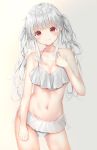  :p bangs bare_arms bare_shoulders bikini blush breasts cleavage closed_mouth collarbone commentary contrapposto cowboy_shot eyebrows_visible_through_hair grey_bikini head_tilt highres long_hair navel original red_eyes sashima side-tie_bikini sidelocks silver_hair small_breasts smile solo standing swimsuit tongue tongue_out twintails very_long_hair 