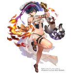  23/7 arm_belt black_hair blue_eyes bra breasts cleavage earrings eyepatch fire full_body gauntlets hand_up hat hat_ribbon jewelry lemur medium_breasts navel official_art okishiji_en purple_ribbon ribbon sandals short_hair solo standing standing_on_one_leg underwear watermark white_background white_bra white_neckwear 