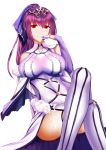 absurdres bangs breasts cleavage crossed_legs dress fate/grand_order fate_(series) higandgk highres large_breasts long_hair looking_at_viewer purple_hair red_eyes scathach_(fate)_(all) scathach_skadi_(fate/grand_order) solo thighs tiara white_background 