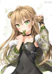  absurdres ahoge artist_name bangs bare_shoulders blush bow breasts brown_hair choker cleavage collarbone commentary detached_hair double_bun dress eyebrows_visible_through_hair fingerless_gloves fur_trim girls_frontline gloves green_bow green_eyes hair_bow hangr_aries highres holding holding_hair jacket long_hair looking_at_viewer medium_breasts mouth_hold rfb_(girls_frontline) sidelocks smile solo upper_body zipper 