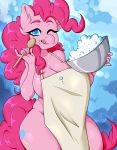  2018 5_fingers abstract_background absurd_res anthro apron big_breasts blue_background blue_eyes bowl breasts clothing cute cutie_mark earth_pony eating equine eyebrows eyelashes female friendship_is_magic frosting hair hi_res holding_object horse licking licking_lips long_hair looking_at_viewer mammal mostly_nude my_little_pony naked_apron neekophobia one_eye_closed pink_hair pinkie_pie_(mlp) pony portrait pose simple_background slightly_chubby solo spoon standing thick_thighs three-quarter_portrait tongue tongue_out wide_hips wink 