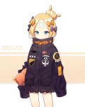  abigail_williams_(fate/grand_order) bad_id bad_pixiv_id bangs black_bow black_jacket blonde_hair blue_eyes bow character_name commentary_request fate/grand_order fate_(series) hair_bow hair_bun heroic_spirit_traveling_outfit highres jacket key long_hair long_sleeves object_hug orange_bow parted_bangs polka_dot polka_dot_bow sal sleeves_past_fingers sleeves_past_wrists solo star stuffed_animal stuffed_toy teddy_bear 