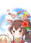  ball beach_umbrella beachball bird blonde_hair blue_hair blush bow brown_eyes brown_hair closed_eyes closed_mouth commentary_request eyebrows_visible_through_hair fairy_(kantai_collection) flower hair_between_eyes hair_bow hair_flower hair_ornament hat i-168_(kantai_collection) i-19_(kantai_collection) i-58_(kantai_collection) i-8_(kantai_collection) kantai_collection long_hair long_sleeves looking_at_another looking_at_viewer medium_hair minigirl multiple_girls musashi_(kantai_collection) on_head open_mouth orange_hair ponytail rainbow red_eyes red_hair sailor_hat school_swimsuit seagull smile sodapop_(iemaki) straw_hat sweat sweatdrop swimsuit torpedo umbrella white_hair yamato_(kantai_collection) 