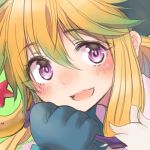  1girl bangs bans blonde_hair blue_gloves blush chin_rest close_up eyebrows_visible_through_hair face gloves hair_between_eyes houshin_engi ko_kibi open_mouth purple_eyes saco_(clover) sidelocks smile solo 