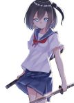 bangs blue_eyes blue_sailor_collar blue_skirt bow brown_hair commentary_request glint hair_between_eyes highres holding holding_sheath holding_sword holding_weapon katana long_hair looking_at_viewer one_side_up original parted_lips pleated_skirt red_bow sailor_collar school_uniform serafuku sheath shirt short_sleeves simple_background skirt solo suzunari_shizuku sword unsheathed weapon white_background white_shirt yuki_arare 