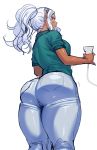  :&lt; ass breasts curly_hair dark_elf dark_skin denim elf elf-san_wa_yaserarenai. from_behind green_shirt grey_pants hairband highres huge_ass jeans kuroeda-san long_hair looking_at_viewer looking_back mole mole_under_eye pants pointy_ears ponytail red_eyes shirt short_sleeves silver_hair simple_background sketch skin_tight solo standing synecdoche taut_pants thick_thighs thighs white_background white_hair 