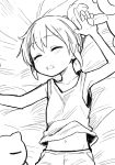  bare_arms bed_sheet blush closed_eyes commentary drooling eyebrows_visible_through_hair from_above greyscale highres igarashi_futaba_(shiromanta) lying midriff_peek monochrome navel on_back open_mouth senpai_ga_uzai_kouhai_no_hanashi shiromanta shorts singlet sketch sleeping solo stuffed_animal stuffed_cat stuffed_toy tank_top teddy_bear 