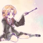  arm_support artist_name beige_background black_bow black_cloak black_footwear black_legwear blue_eyes bow braid brown_neckwear commentary dress_shirt emblem eyebrows_visible_through_hair girls_und_panzer grey_sweater hair_bow harry_potter highres hogwarts_school_uniform holding holding_wand kuroi_mimei long_sleeves mary_janes necktie orange_hair orange_pekoe shirt shoes short_hair signature sitting socks solo sparkle st._gloriana's_(emblem) sweater tied_hair twin_braids v-neck wand white_shirt yokozuwari 