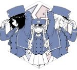  adjusting_clothes adjusting_hat andou_(girls_und_panzer) bc_freedom_(emblem) bc_freedom_military_uniform blue_hat blue_jacket blue_vest closed_eyes commentary dress_shirt drill_hair emblem from_side girls_und_panzer hat hexagon high_collar jacket long_hair long_sleeves marie_(girls_und_panzer) medium_hair messy_hair military military_hat military_uniform miniskirt multiple_girls oshida_(girls_und_panzer) partially_colored pleated_skirt shako_cap shirt six_song skirt uniform vest white_shirt white_skirt 