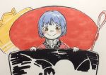  bangs blue_hair cup eyebrows_visible_through_hair in_container in_cup looking_at_viewer minigirl miracle_mallet misohagi short_hair smile solo sukuna_shinmyoumaru teacup touhou traditional_media yellow_eyes 