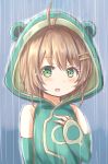  antenna_hair bangs bare_shoulders blush brown_hair cardcaptor_sakura detached_sleeves eyebrows_visible_through_hair frog_eyes frog_raincoat green_eyes hair_between_eyes hair_ornament hairclip highres hood hood_up keiran_(ryo170) kinomoto_sakura long_sleeves outdoors parted_lips rain raincoat sleeveless sleeves_past_wrists solo 