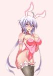  ahoge animal_ears bare_shoulders blush breasts bunny_girl bunnysuit cleavage commentary covered_nipples fake_animal_ears hevn large_breasts leotard long_hair looking_at_viewer low_twintails pink_leotard purple_eyes senki_zesshou_symphogear shiny shiny_hair shiny_skin silver_hair simple_background solo standing strapless strapless_leotard twintails very_long_hair yukine_chris 
