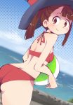 alternate_hairstyle ass beach bikini blush breasts brown_hair commentary_request day hat hys-d kagari_atsuko little_witch_academia looking_at_viewer looking_back red_bikini red_eyes small_breasts smile solo swimsuit twintails witch_hat 