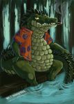  2018 alligator anthro belly big_belly cigar clothing crocodilian green_scales hi_res long_tail male mongrelist mostly_nude partially_submerged reptile scales scalie sitting slightly_chubby smoking solo teeth vest water yellow_eyes 