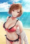  asami_(undoundo) bare_shoulders beach bikini blue_sky breasts brown_eyes brown_hair cleavage clothes_down cloud cloudy_sky collarbone commentary_request cowboy_shot day frilled_bikini frills groin hair_ribbon highres jacket large_breasts light_rays looking_at_viewer meiko navel ocean open_clothes open_jacket outdoors project_diva_(series) red_bikini ribbon short_hair sky smile solo swimsuit unzipped vocaloid white_jacket 