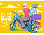  back-to-back bakugou_katsuki boku_no_hero_academia dated freckles green_hair ground_vehicle highres knees_up male_focus messy_hair midoriya_izuku mikan_(artist) motor_vehicle motorcycle multiple_boys multiple_riders on_motorcycle riding spiked_hair sunglasses 