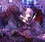  :d animal_ears black_wings borrowed_character card chair chandelier crossed_arms detached_sleeves fire hands_up highres indoors jewelry light_beam long_hair necklace open_mouth original playing_card poker_chip red_eyes rinmmo skirt smile solo stairs standing striped striped_legwear table tail white_hair wide_sleeves wings 