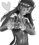  bangs blush bodysuit breasts covered_navel d.va_(overwatch) eyebrows_visible_through_hair facepaint facial_mark greyscale headphones heart heart-shaped_boob_challenge heart_hands high_collar highres long_hair looking_at_viewer medium_breasts mn_(mano410) monochrome overwatch parted_lips pilot_suit ribbed_bodysuit shoulder_pads simple_background sketch skin_tight solo swept_bangs upper_body whisker_markings white_background 