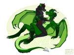  2018 anthro araivis-edelveys black_fur black_nose canine digitigrade dragon duo fur green_hair green_skin hair male mammal membranous_wings nude open_mouth pawpads simple_background smile straddling teeth wings wolf 
