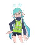  bike_shorts blue_hair domino_mask gradient_hair green_vest hand_on_hip highres inkling long_hair long_sleeves looking_at_viewer mask multicolored_hair orange_eyes pointy_ears safety_vest simple_background solo splatoon_(series) squid squidbeak_splatoon standing tentacle_hair translation_request vest white_background zjoast 