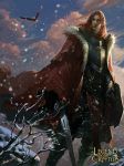  armor armored_boots artist_name bird boots cape cloud copyright_name crowgod eagle fur_trim highres legend_of_the_cryptids long_hair male_focus official_art orange_hair rock sky snow snowing solo sword weapon 